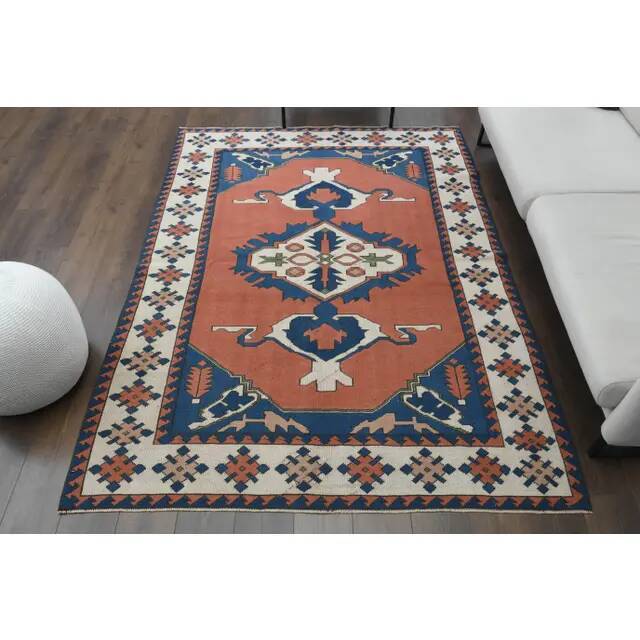 1970s Vintage Turkish Handmade Wool & Cotton Orange Area Rug 178x236
