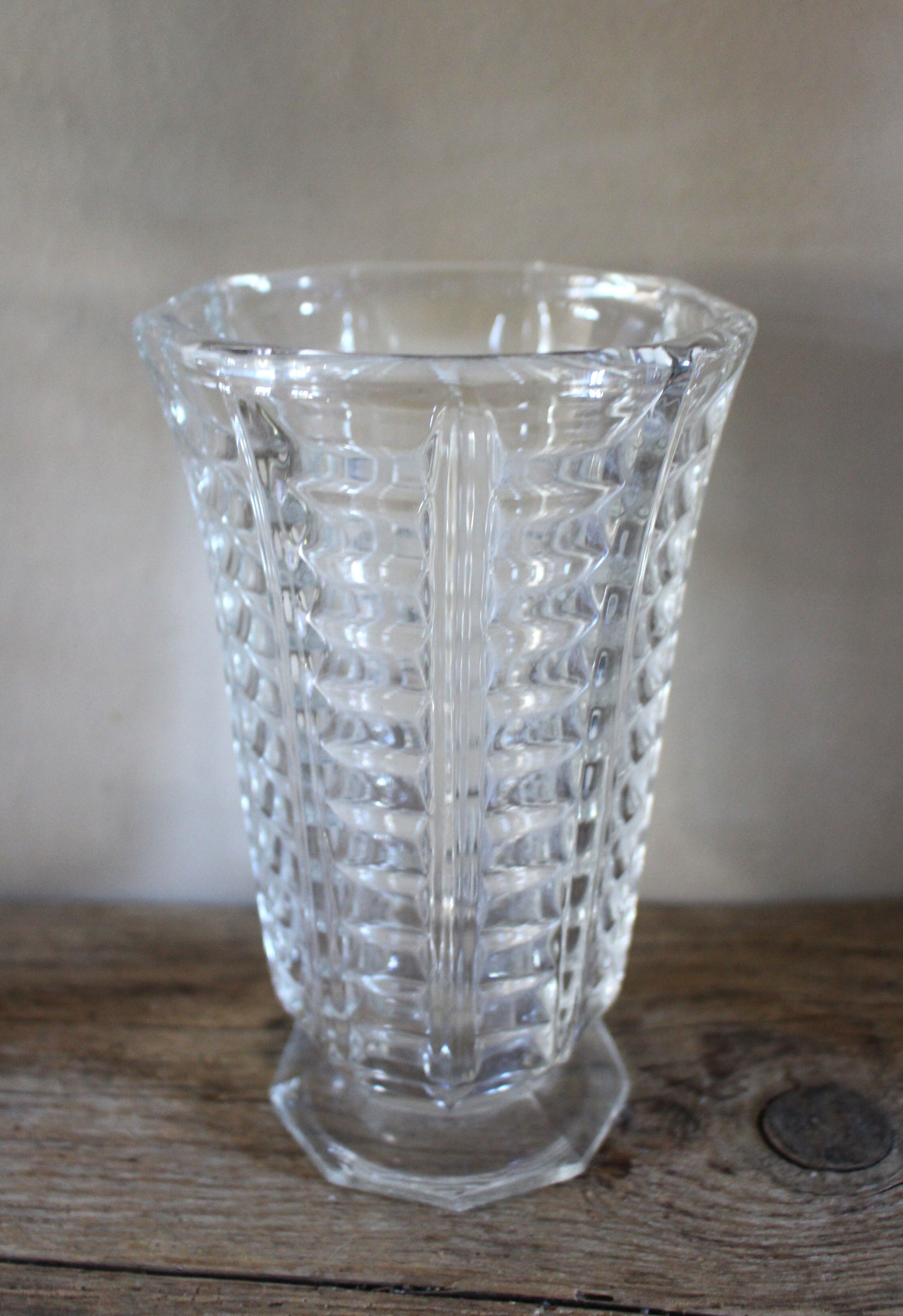 Vintage transparent cut glass pedestal vase