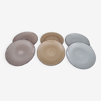 Lot de 6 assiettes à dessert en faïence van well en camaïeu de brun, ocre et gris, liseré brossé