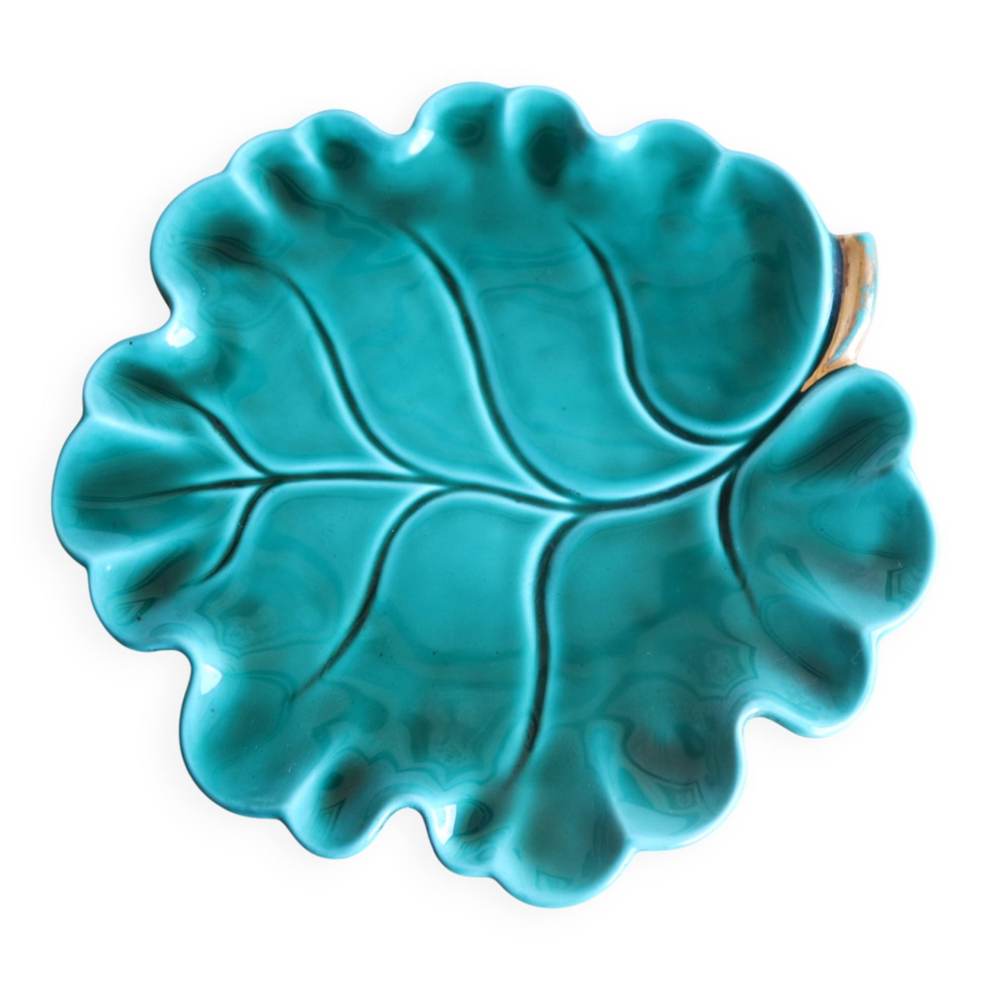 Large green ceramic leaf dish Vallauris