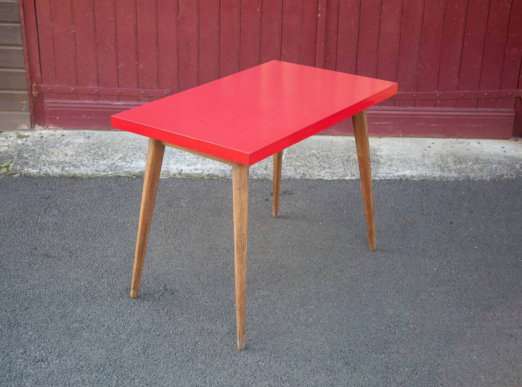 Vintage bistro table wooden table and red formica feet compass, kitchen, countryside