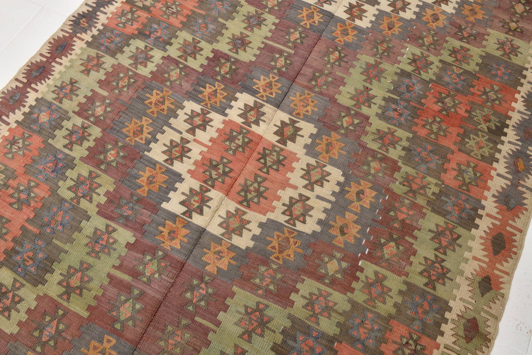 6x13 Rare Size Kilim Rug, Rugged Rug, 180x385Cm Antique Kilim Carpet