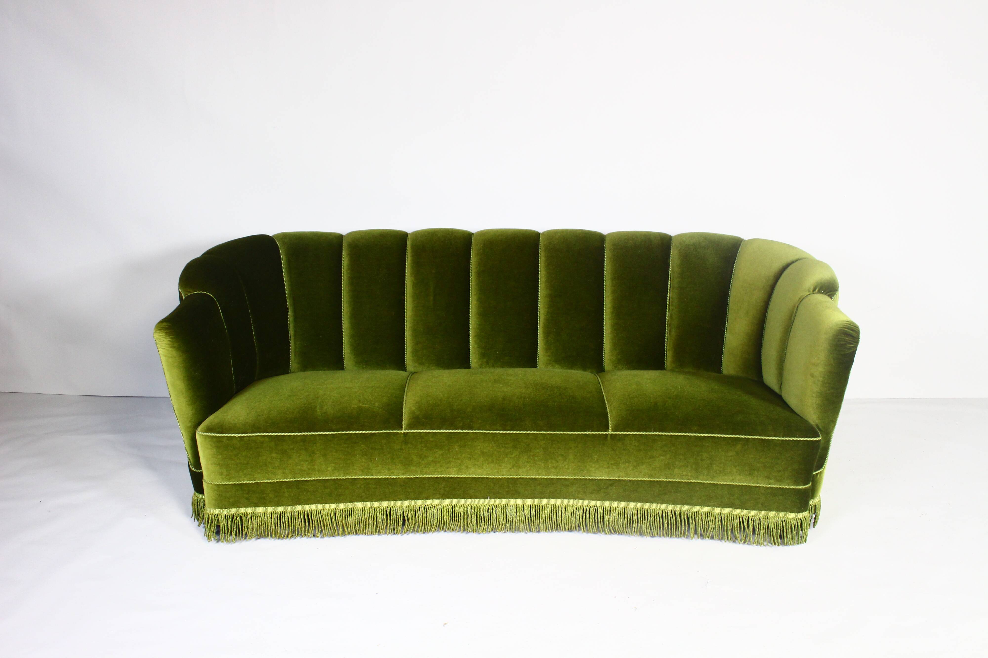 1940s art deco green velvet banana sofa, Denmark