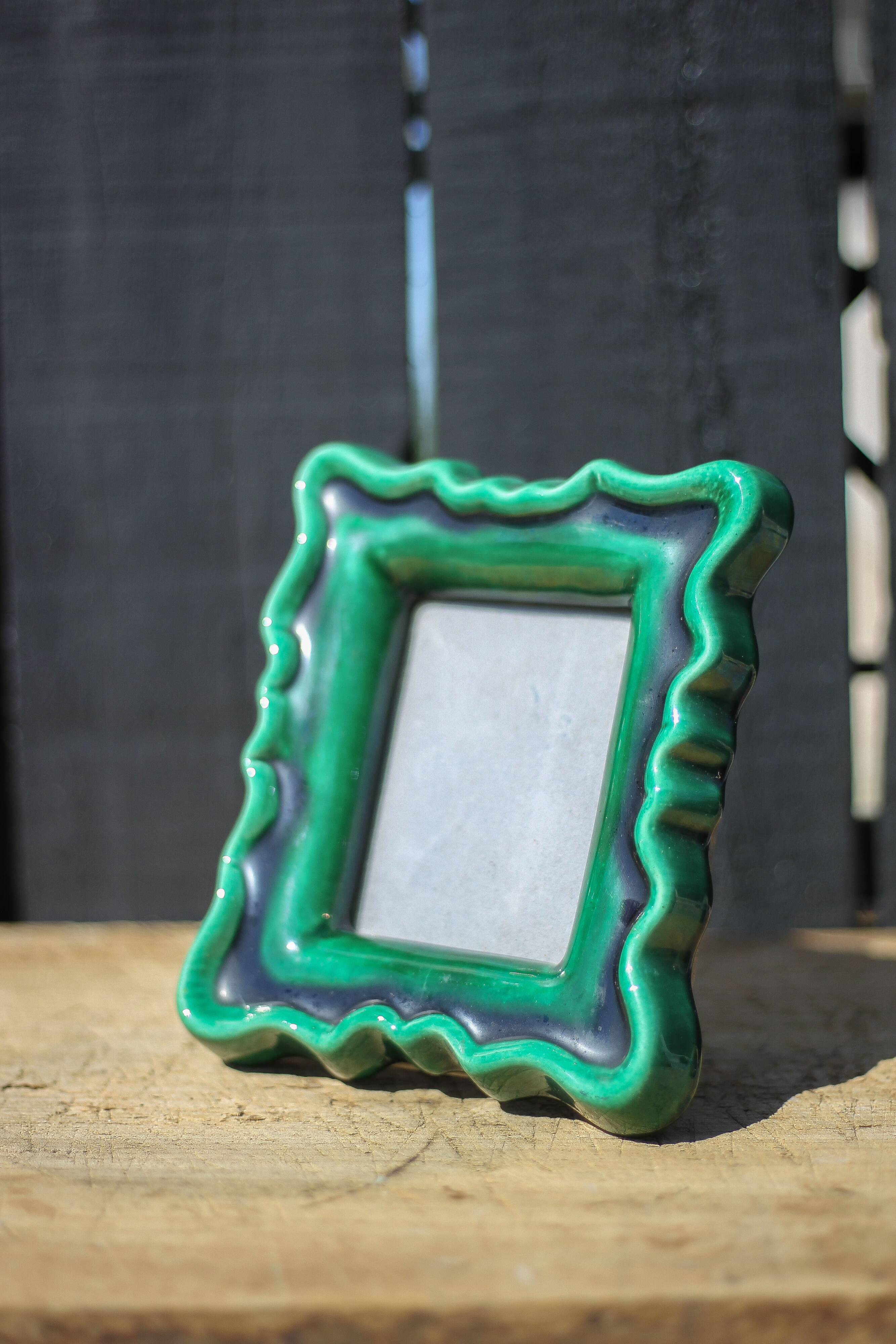 Green ceramic photo frame, vintage ceramic frame, photo frame, interior decoration