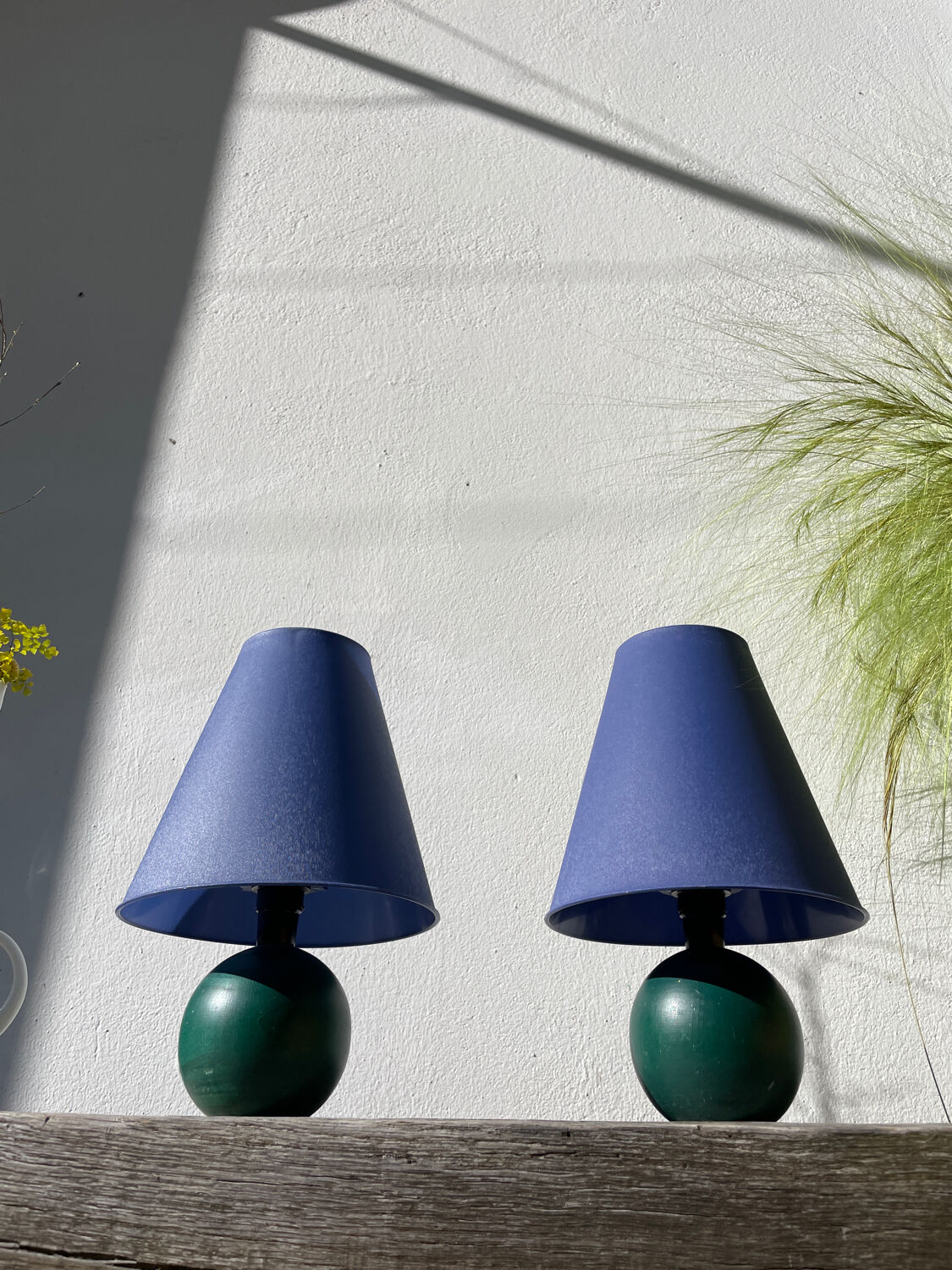 Pair of green and blue wooden ball lamps