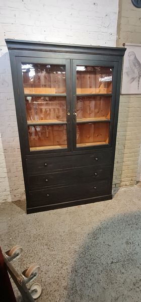 Former industrial library solid wood two glass doors and three drawers furniture trade