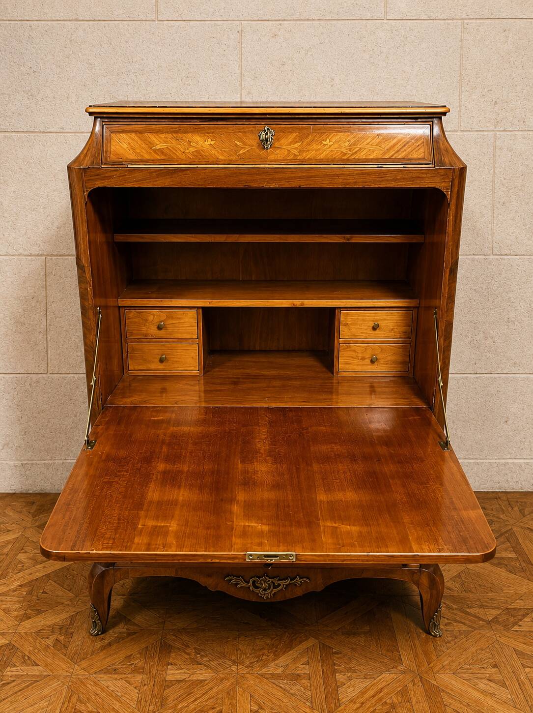 Marquetry drop-leaf secretary in Louis XV style circa 1900.