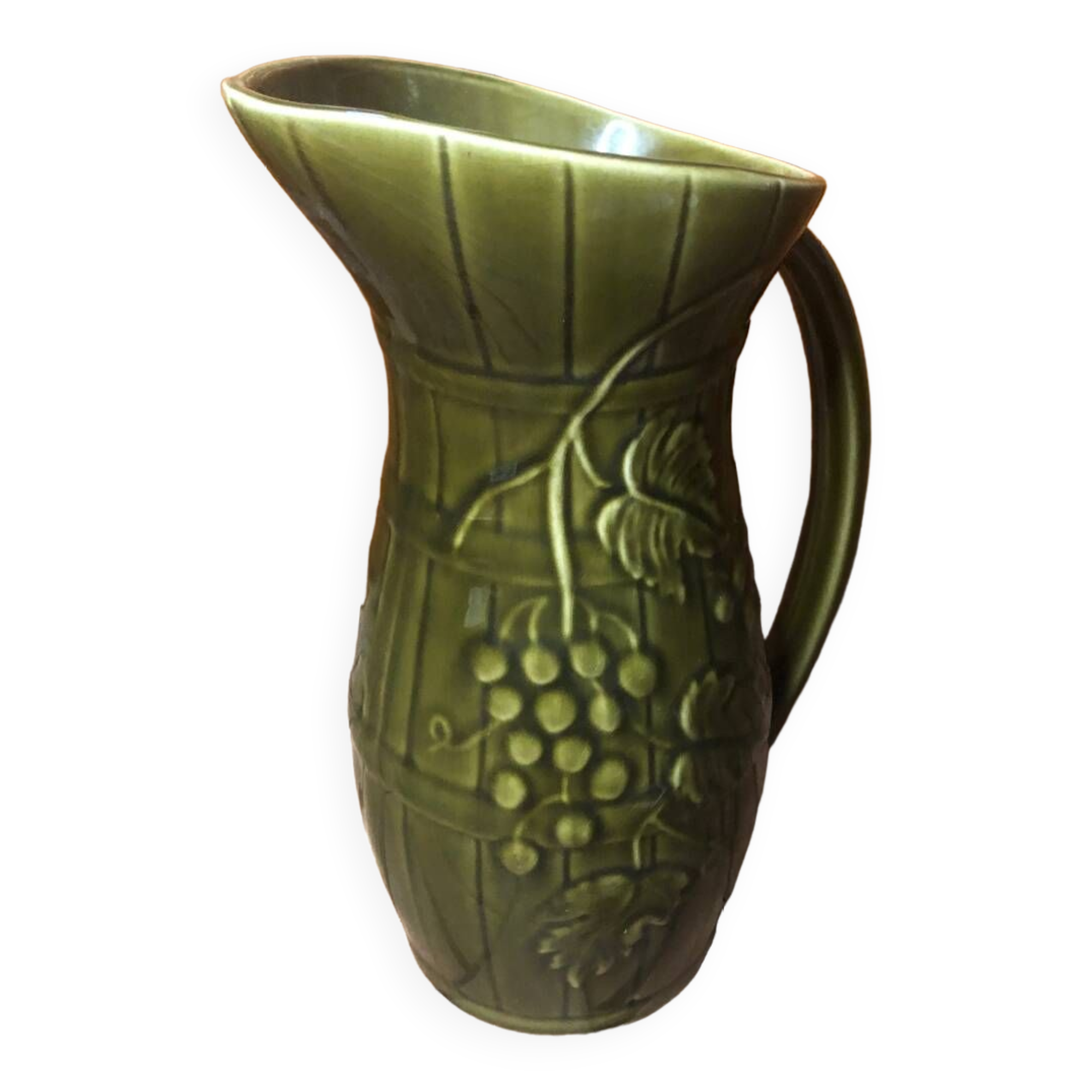 Old SARREGUEMINES Green Ceramic Pitcher Vintage Vines Decor