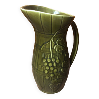 Old SARREGUEMINES Green Ceramic Pitcher Vintage Vines Decor