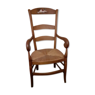Fauteuil canard en bois massif, siège paillé