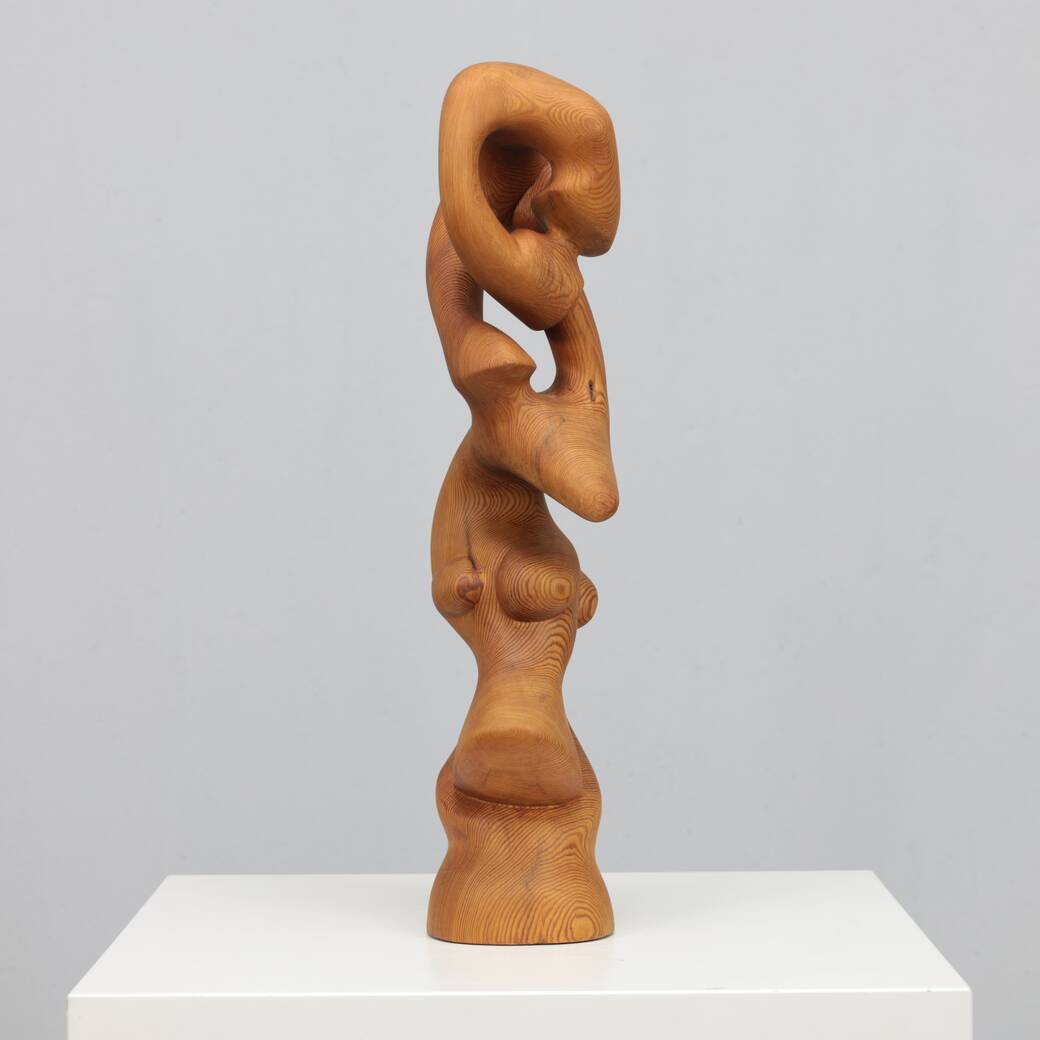 Hand-carved organic sculpture in solid pinewood, 1977