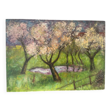 Huile sur toile "Le verger au printemps", signée