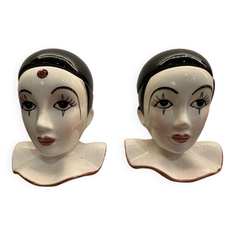 Porcelain Pierrot head salt and pepper shakers