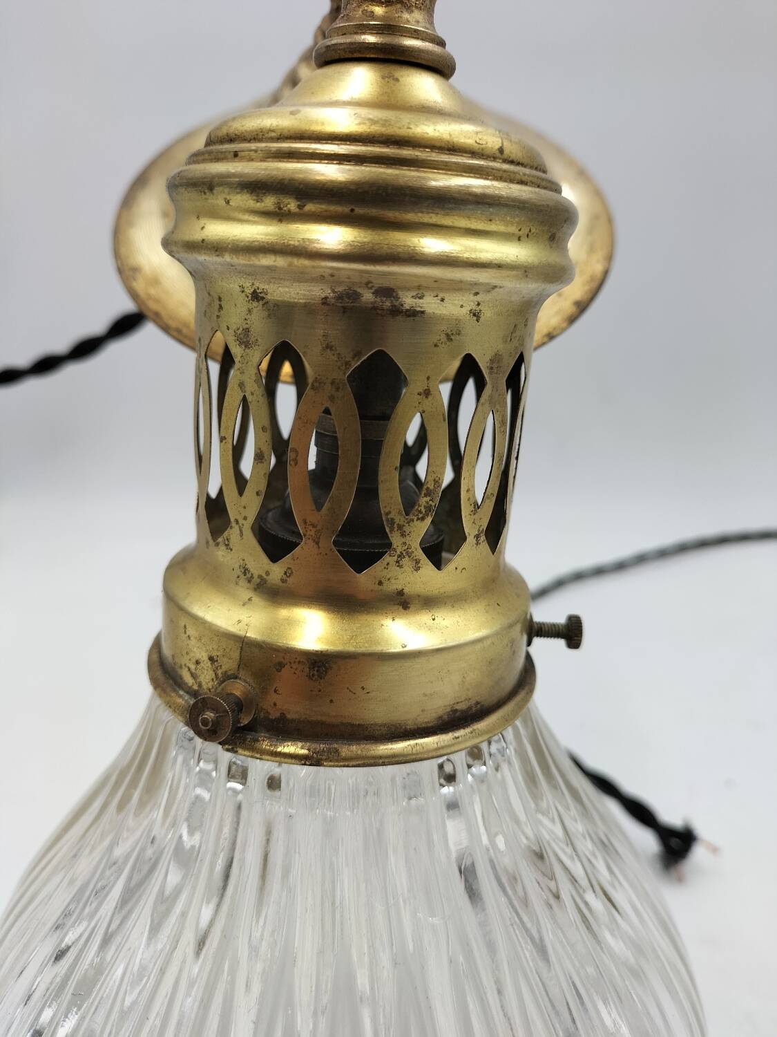 Pair of holophane glass pendants