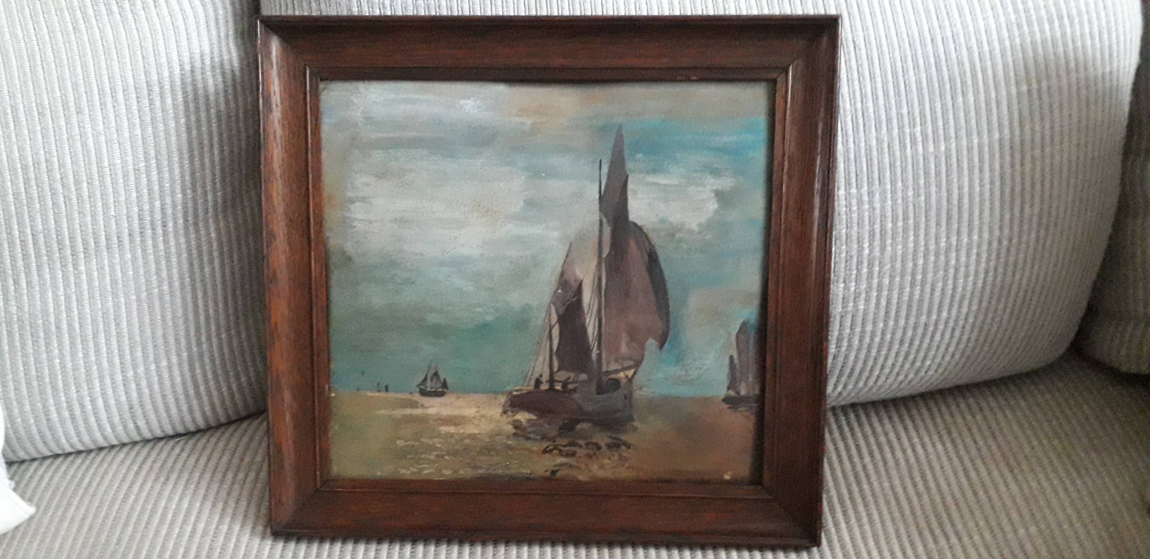 Old oil painting depicting a marine scene
