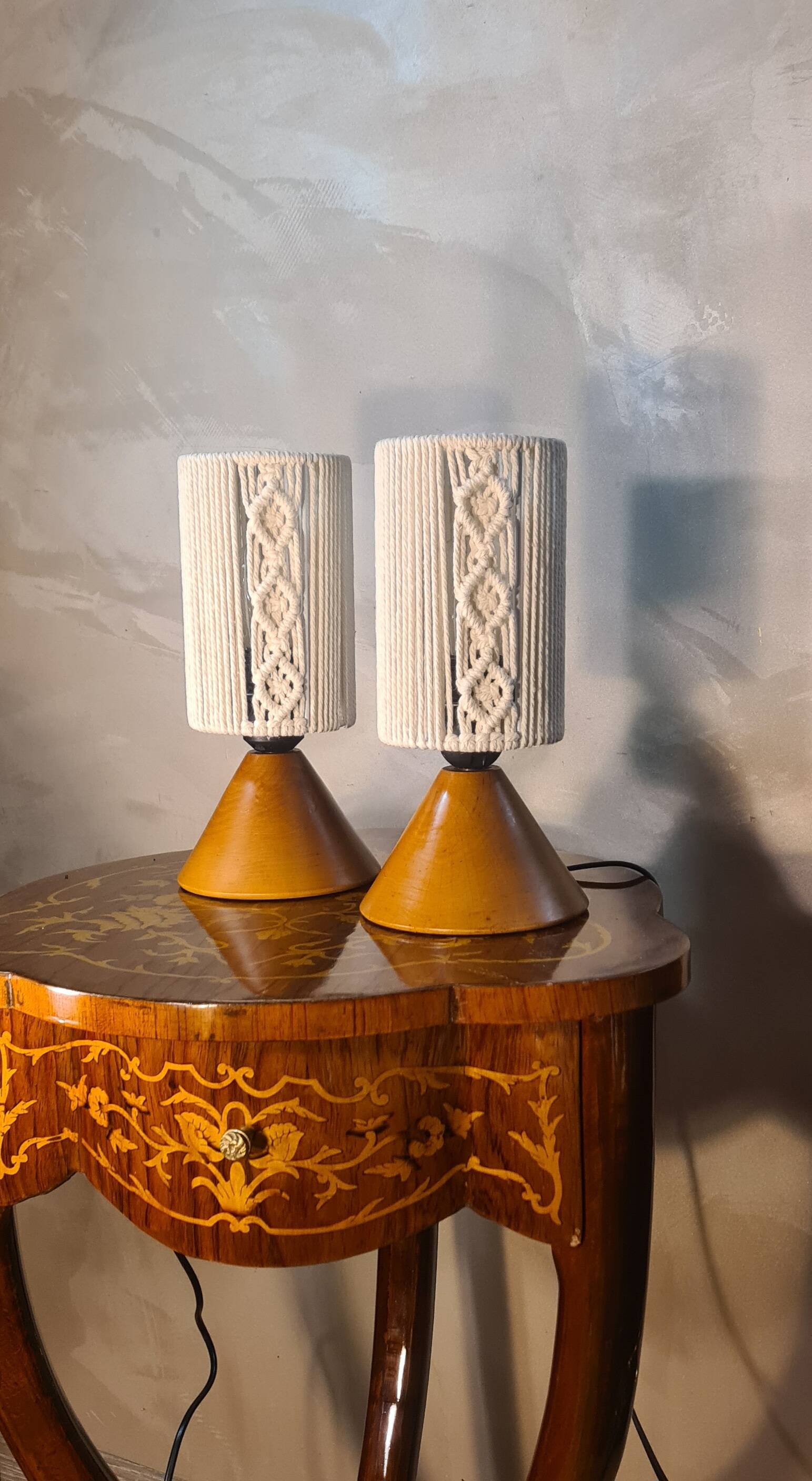 pair of Scandinavian conical wooden lamps with braided cord lampshade 28x12