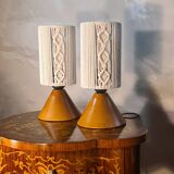 pair of Scandinavian conical wooden lamps with braided cord lampshade 28x12