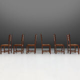 Set of six brutalist dining chairs in oak an wicker