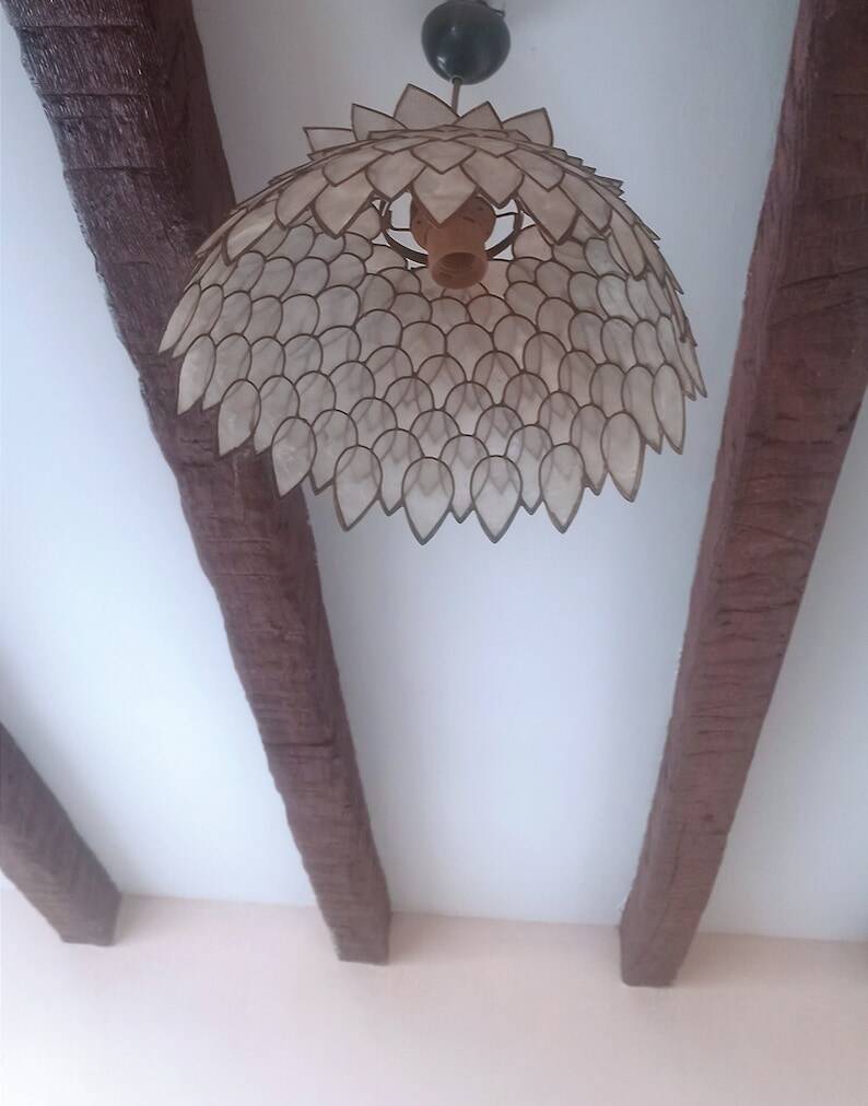 Large old chandelier in the shape of lotus flowers in mother-of-pearl and brass/ lotus flower ceiling light