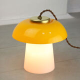 Mid-century yellow glass and brass mushroom table lamp