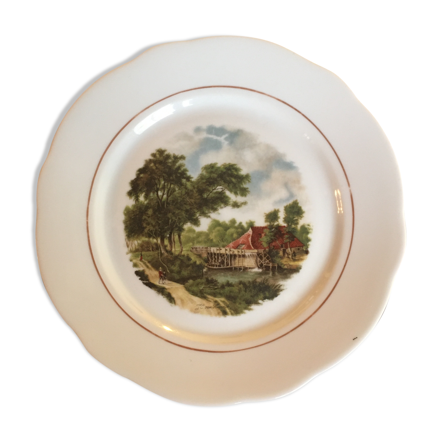 Decorative porcelain plate watermill landscape - signed JC Van Hunnik
