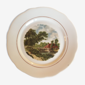 Assiette porcelaine décorative paysage moulin à aubes - signée JC Van Hunnik