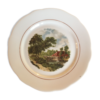 Decorative porcelain plate watermill landscape - signed JC Van Hunnik