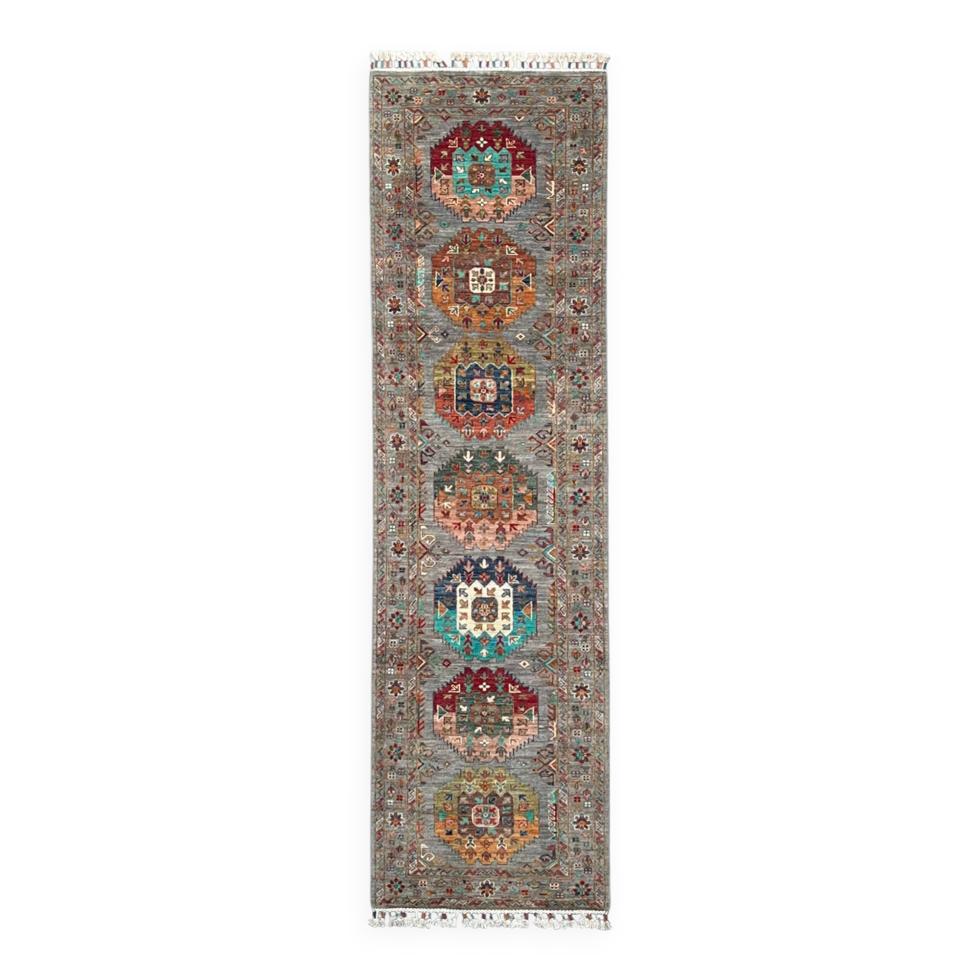 Tapis de couloir Serapi Kazak en laine nouée à la main, motif géométrique tribal, 300 x 84 cm