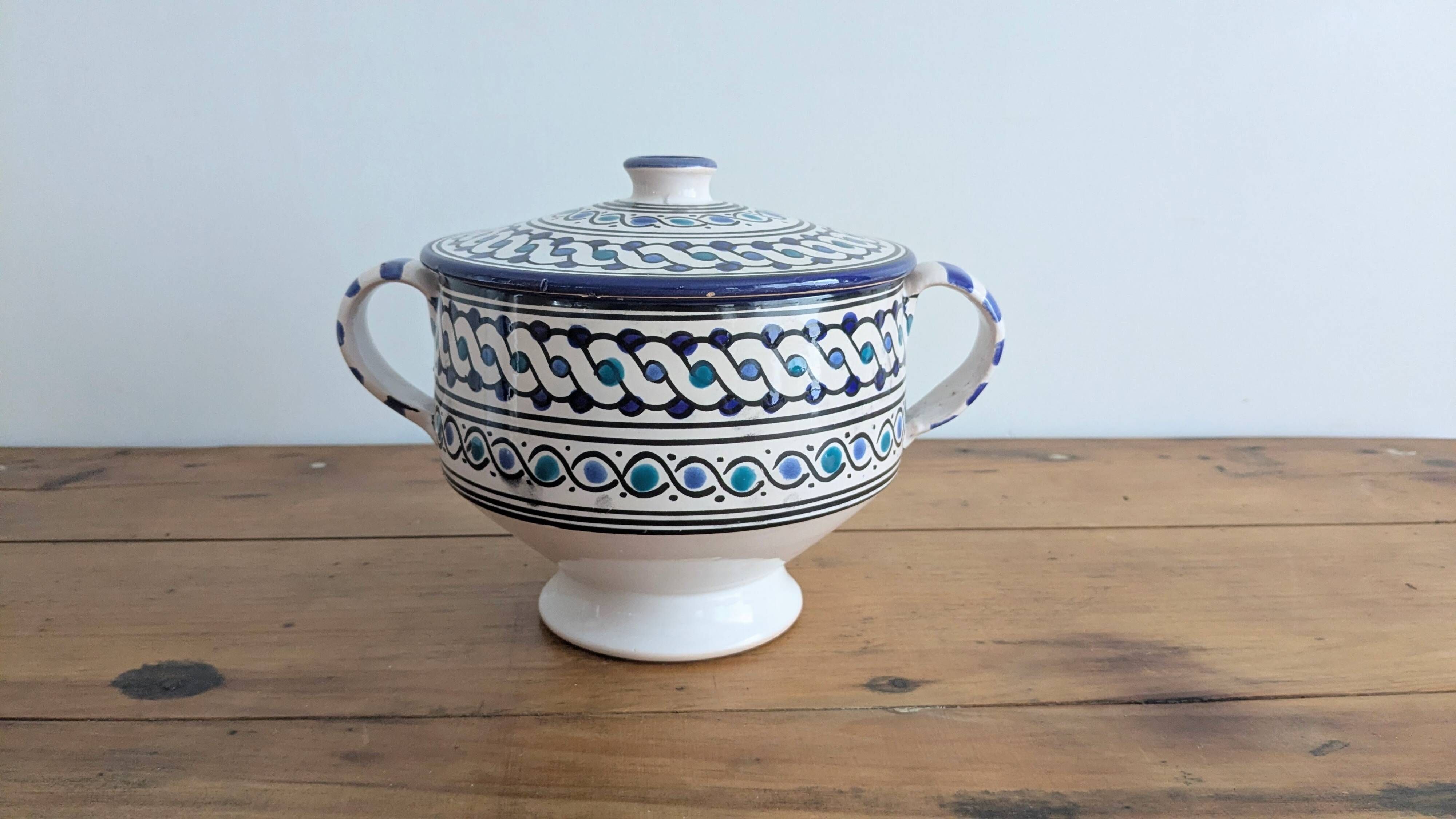 Vintage ceramic soup tureen from Tunisia – 1970s – Blue and t