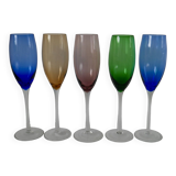 Set of 5 designer champagne flutes in colored glass from the 70s
