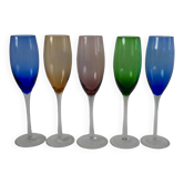 Lot de 5 flûtes à champagne design en verre coloré années 70