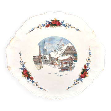 Sarreguemines plat chantourné obernai faïence décor village sous la neige loux