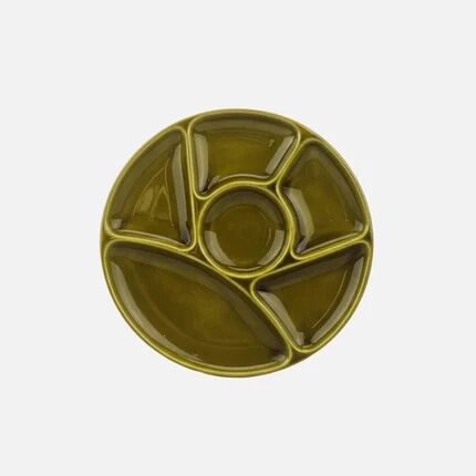Set of 6 Gien green earthenware compartment plates with original box - Fondue & stone grill