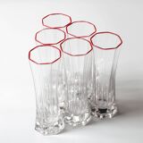 Set of 6 Mid-century Clear Crystal Glasses with Red Rim / Italy / 1980s