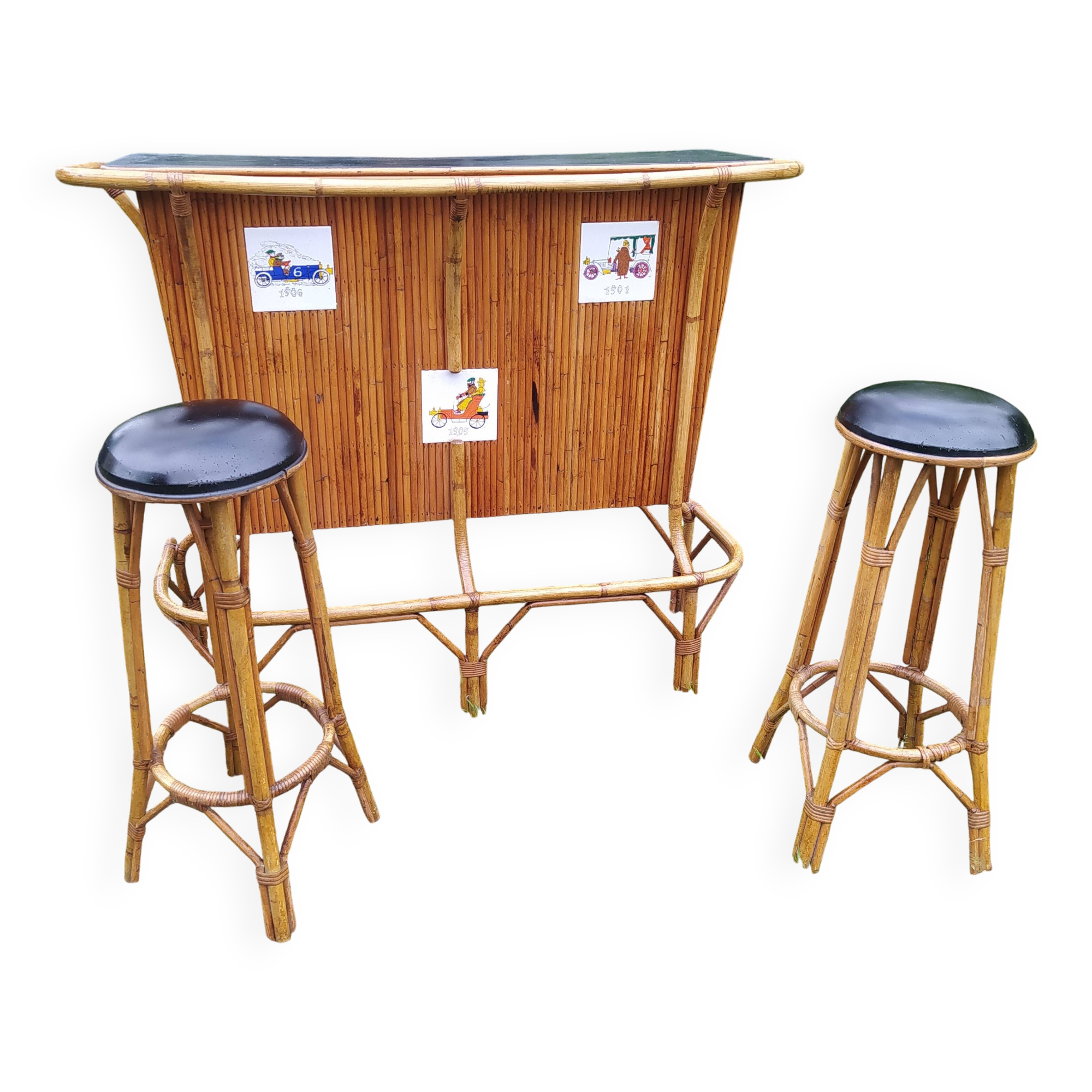 Vintage rattan bar with 1960s earthenware tile decor with 2 stools