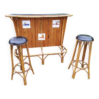 Bar rotin vintage avec décor carreaux faience 1960 avec 2 tabourets