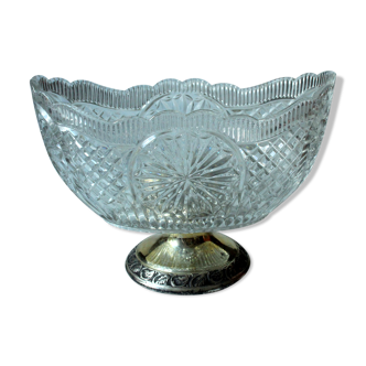 Art deco  1930s serving bowl, fruit bowl made of depression glass with a silver plated foot