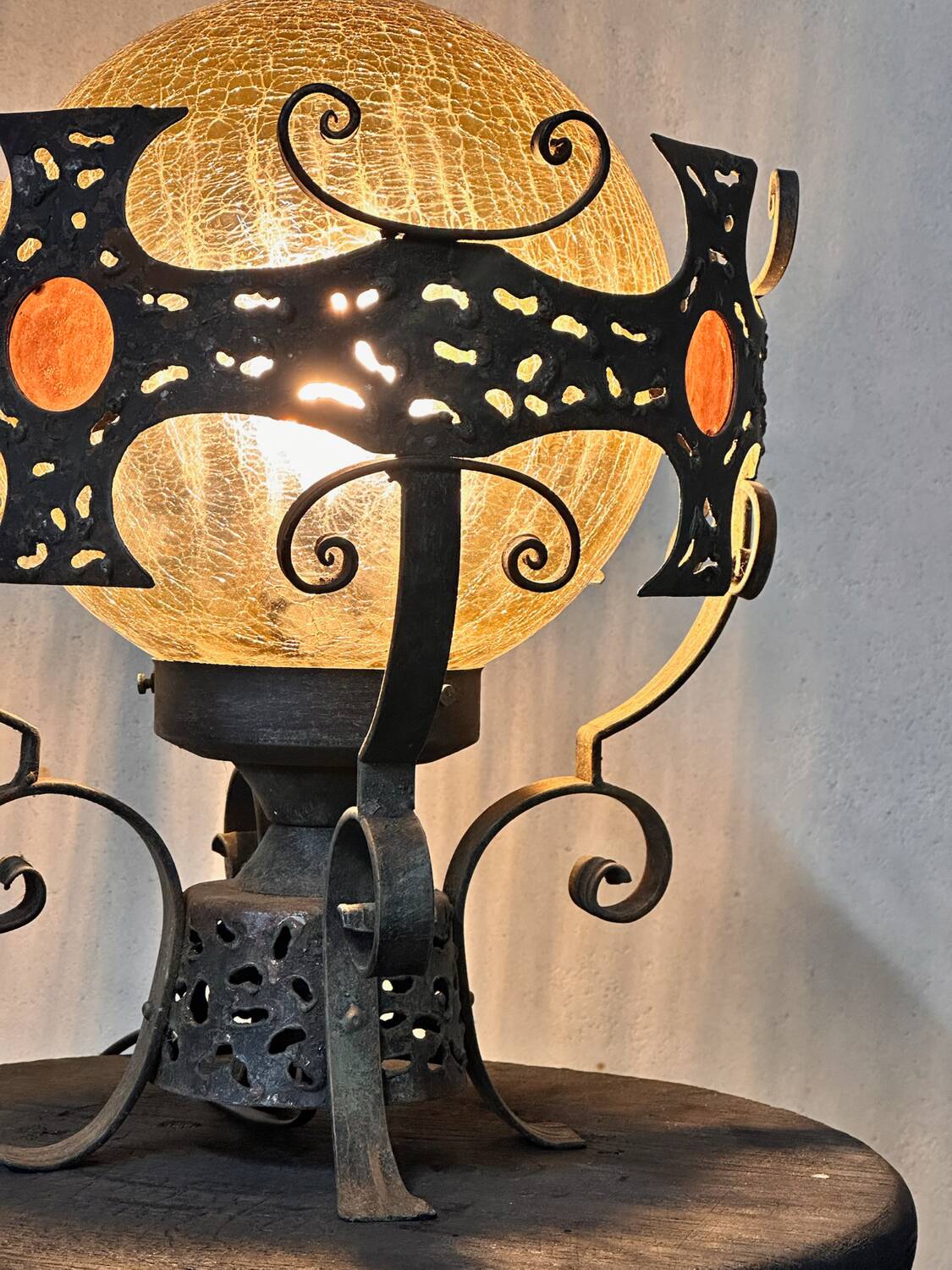 Large vintage wrought iron and glass pendant lamp