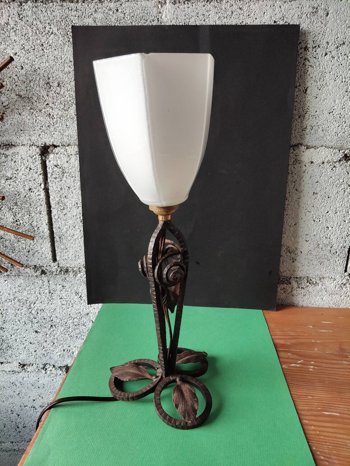 Hammered wrought iron lamp with white opaline Handmade craftsmanship