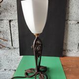 Hammered wrought iron lamp with white opaline Handmade craftsmanship