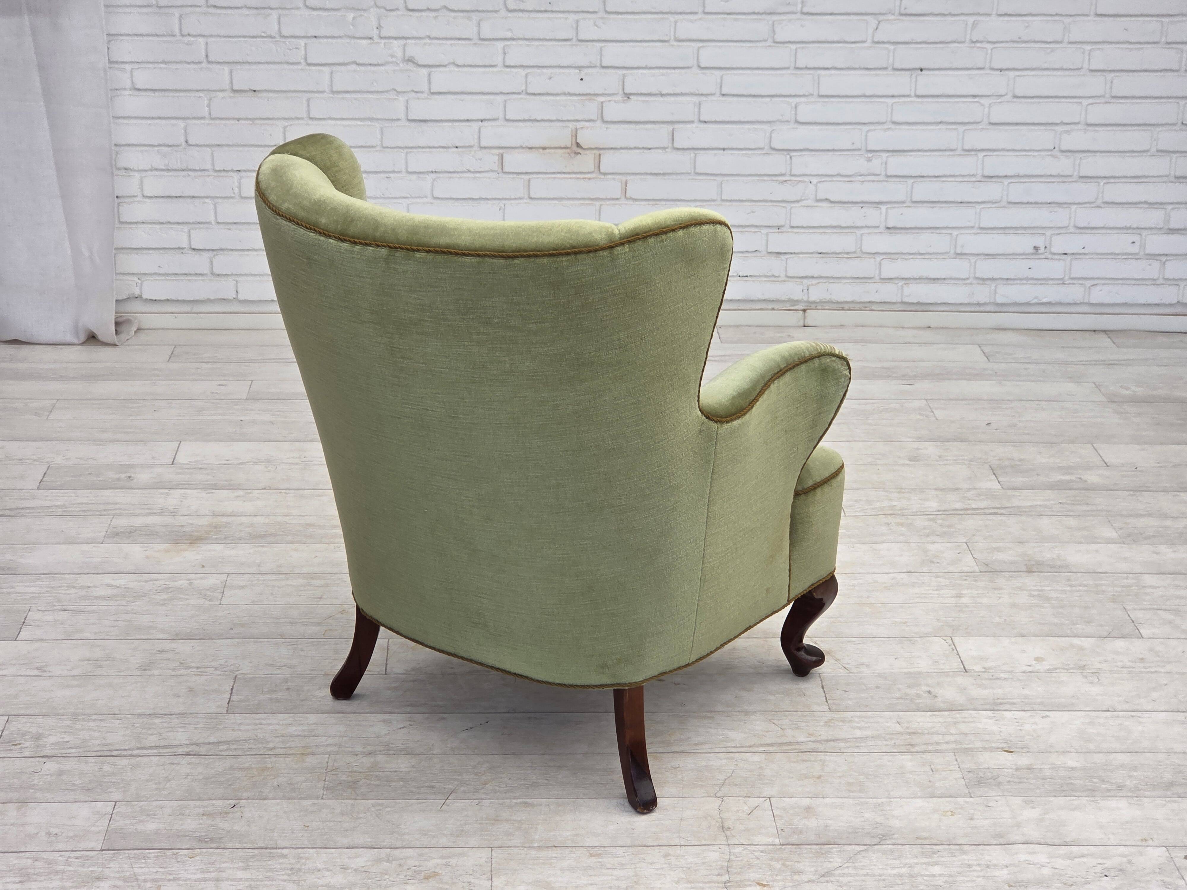 1960s, Scandinavian armchair, green furniture velour, oak wood legs.