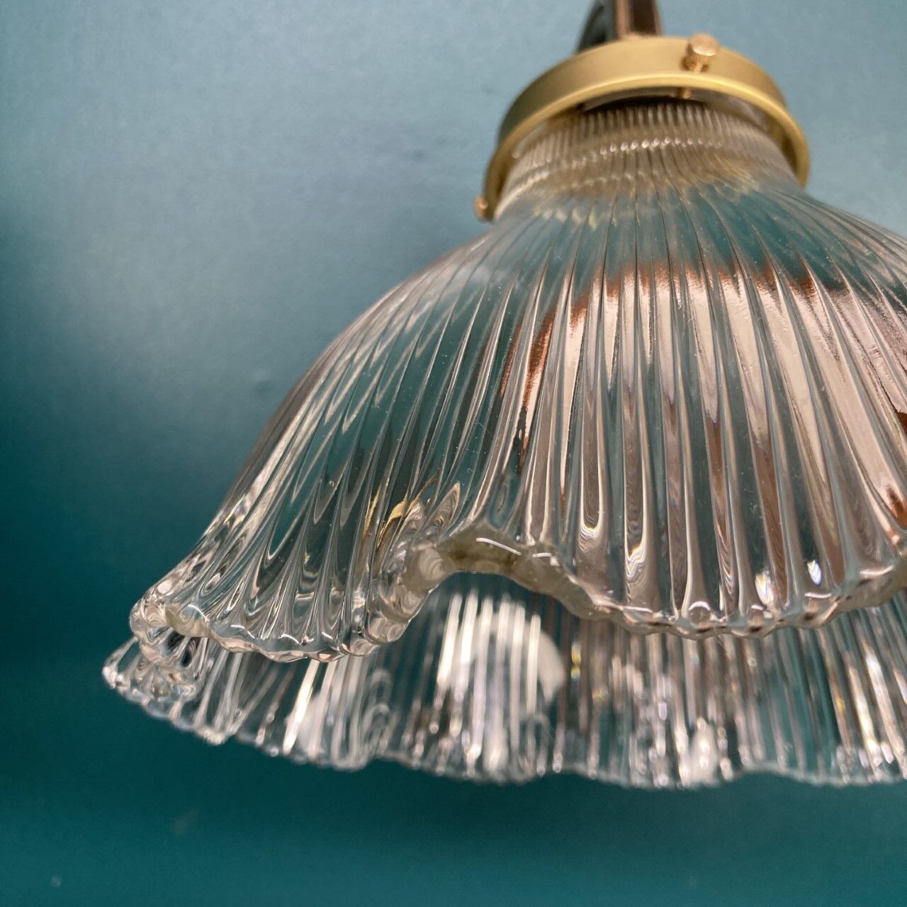 Pair brass wall lamps and holophane glass tulips porcelain rosette