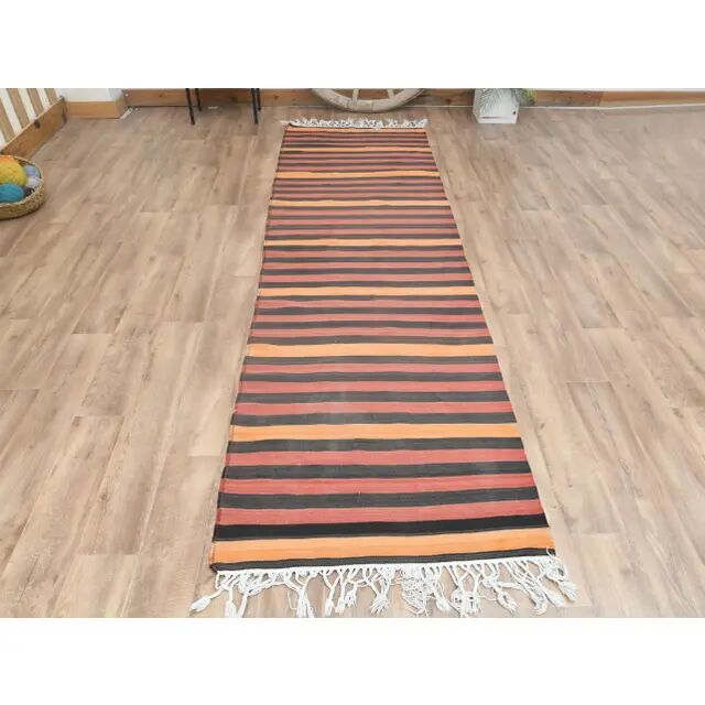 1970s Vintage Turkish Handmade Wool Cotton Red Orange Kilim Rug 93x323
