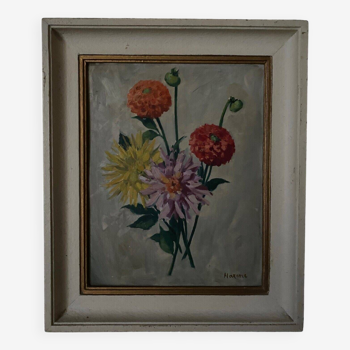 Oil on panel by Maxime still life 20th century bouquet of dahlias