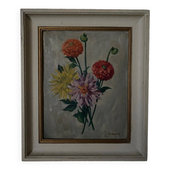 Oil on panel by Maxime still life 20th century bouquet of dahlias