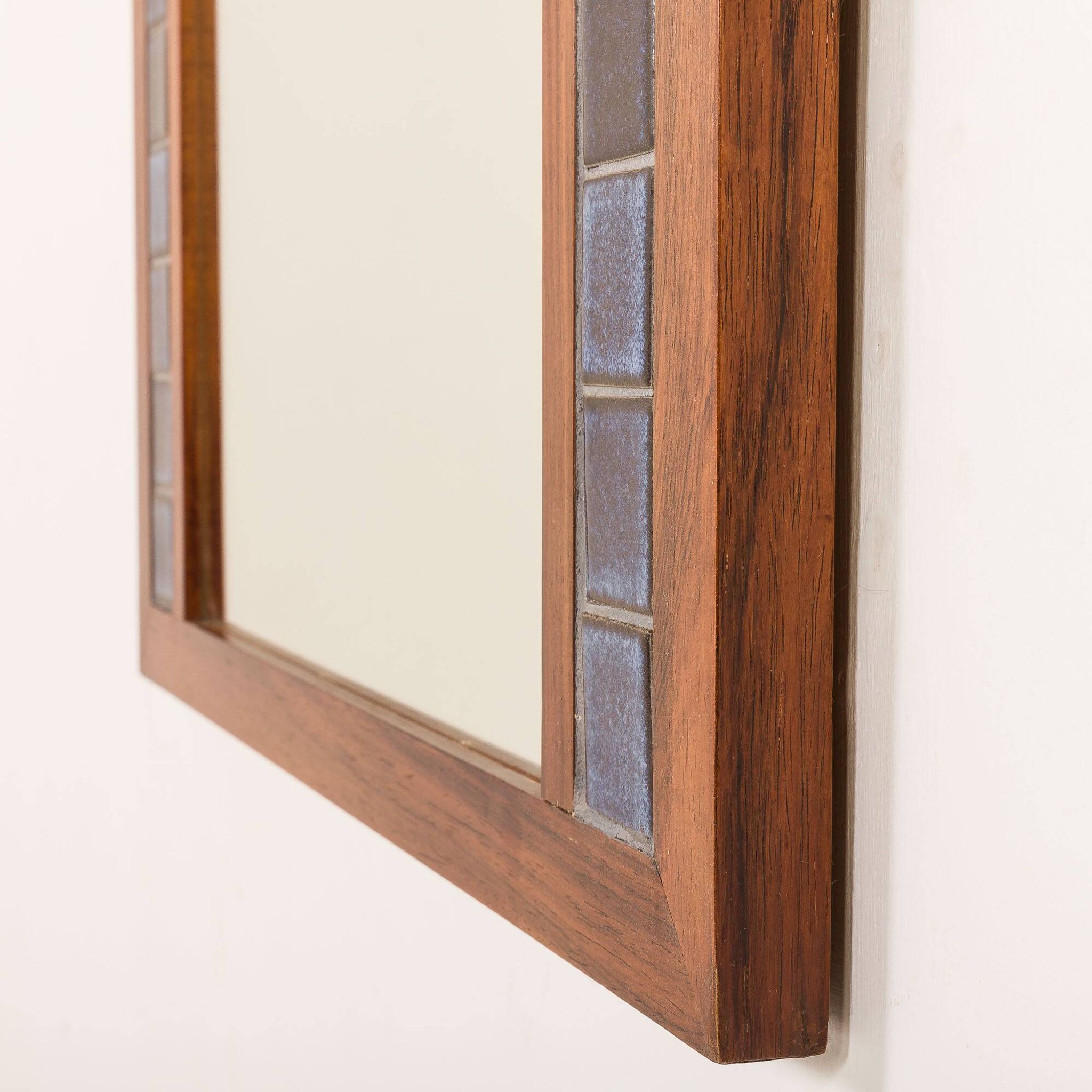 Scandinavian mid century XL rosewood wall mirror with blue tiles, 1970s