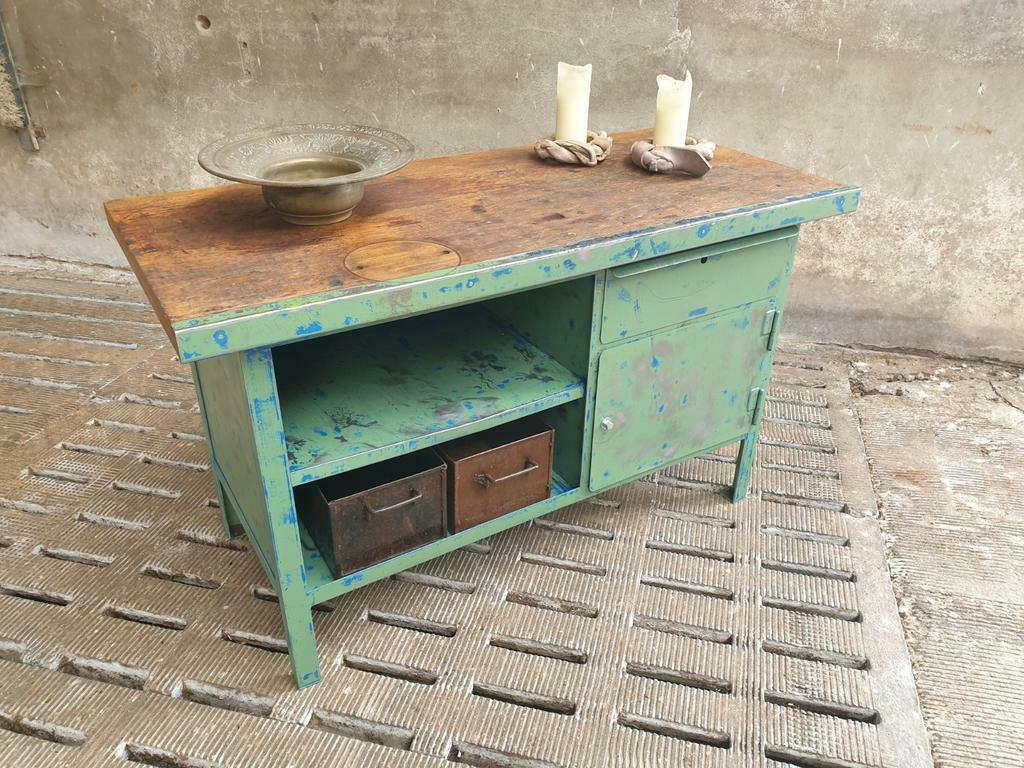 Industrial workbench steel green kitchen or bathroom furniture