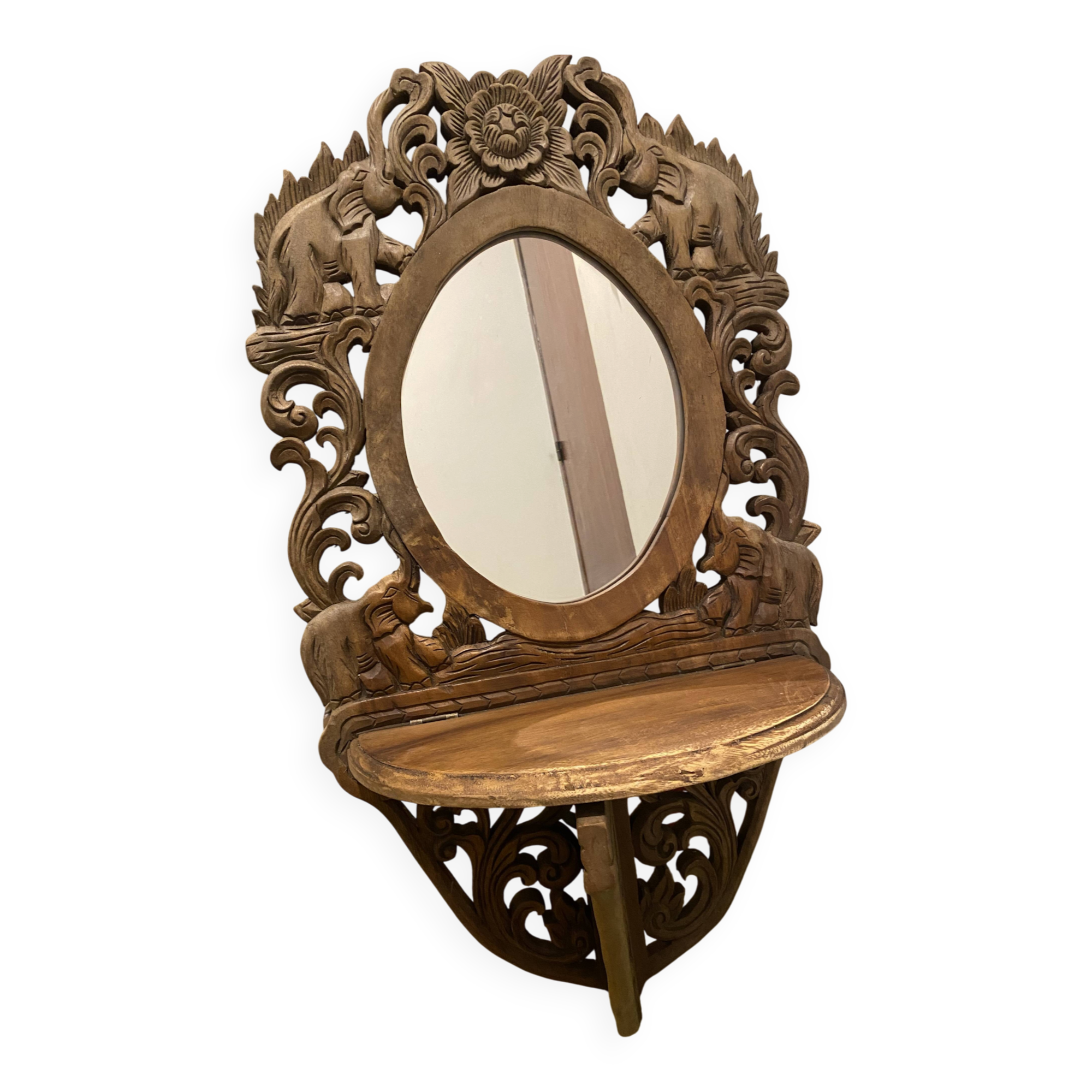 Carved mirror with integrated shelf