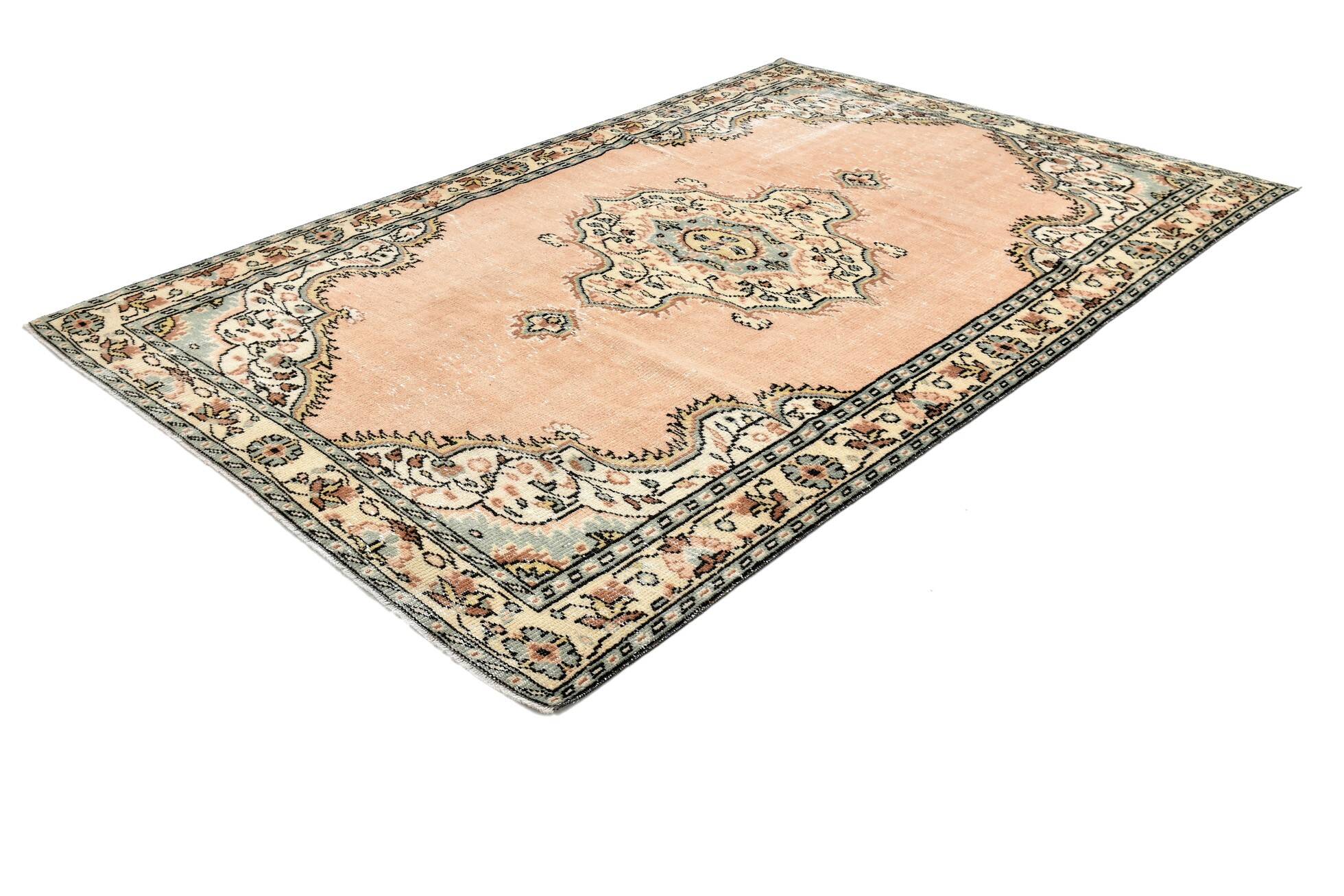 6x9 Peach & Light Green Oriental Vintage Area Rug, 183x273Cm