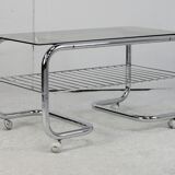 "Space age" coffee table, tubular steel, smoked glass, France, 1970s